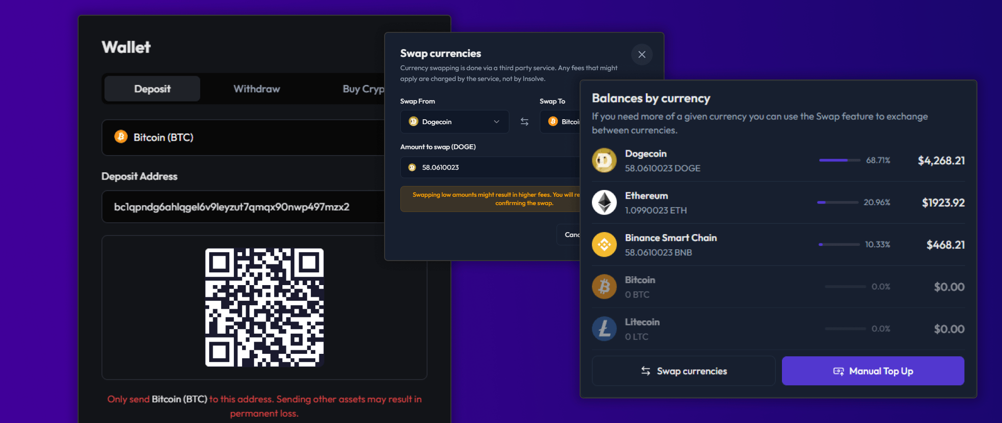 Crypto wallet deposit and withdrawal interface