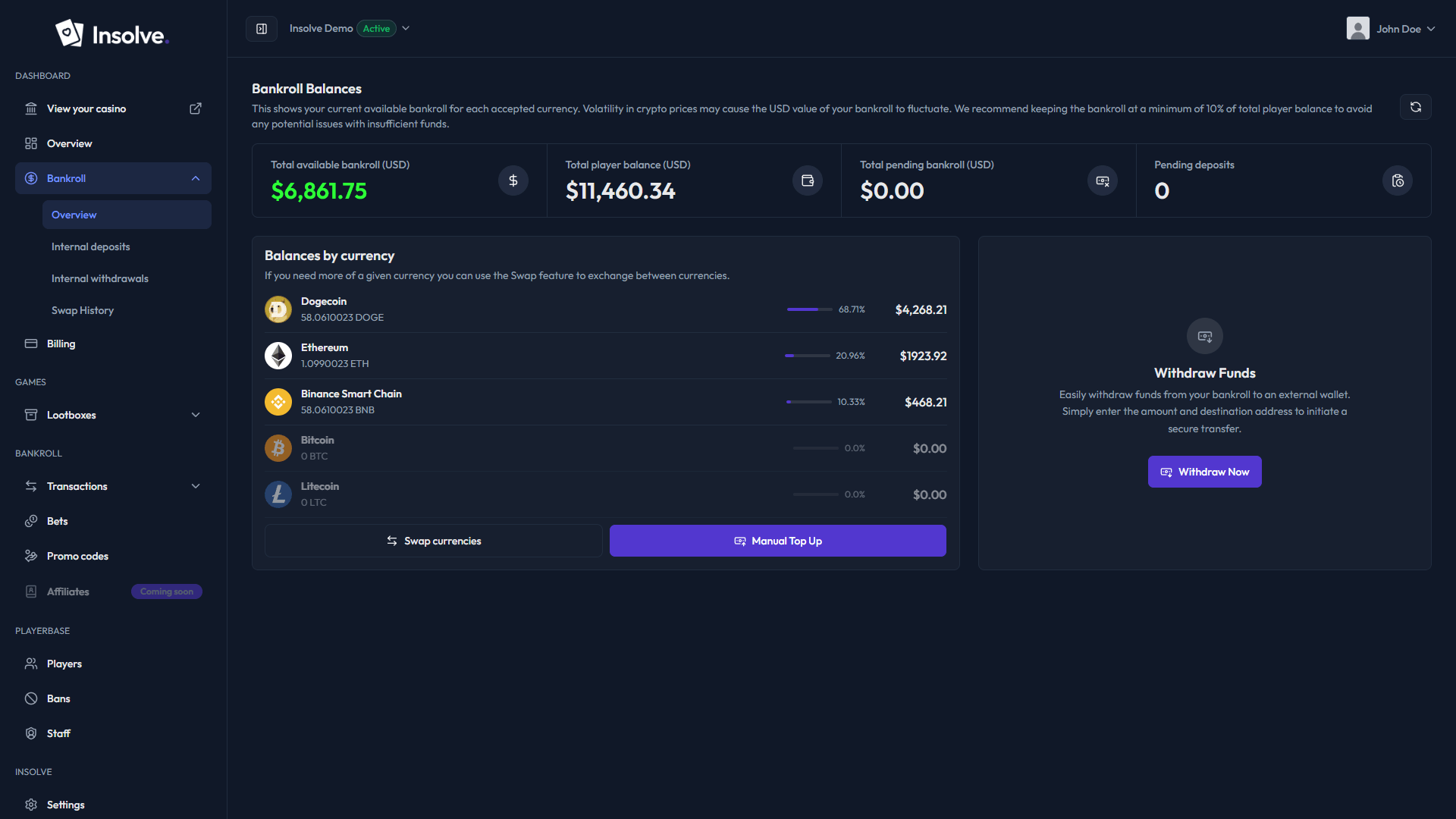 Bankroll management dashboard showing multi-currency balances
