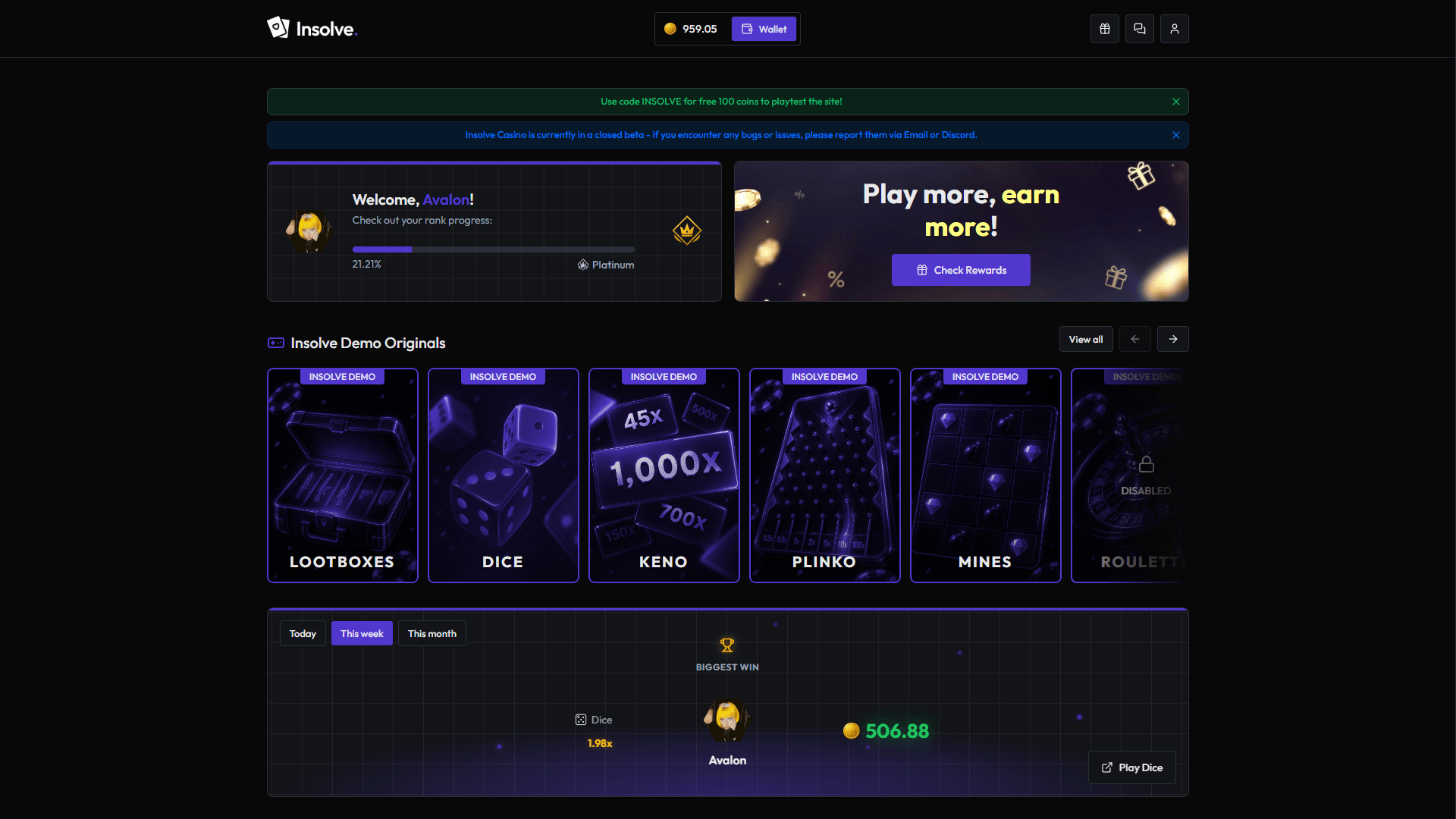 Live demo of an Insolve-powered crypto casino